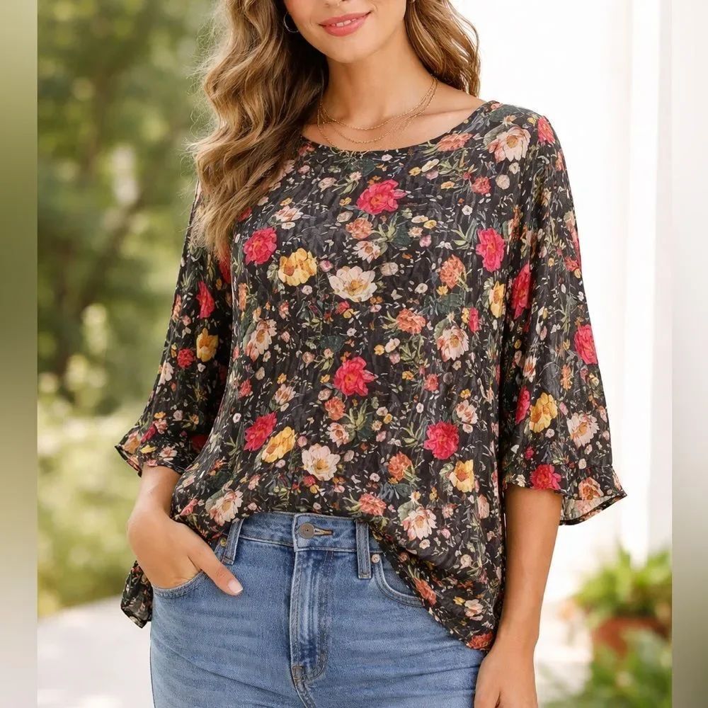 Anthropologie Eva Franco Blouse Black Floral Flowy Boho Shabby Chic